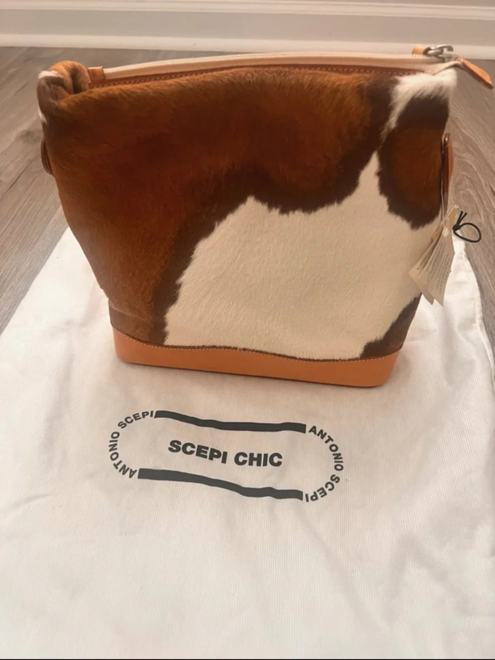 Cowhide Cosmetic Pouch in Brown & White with Leather Trim